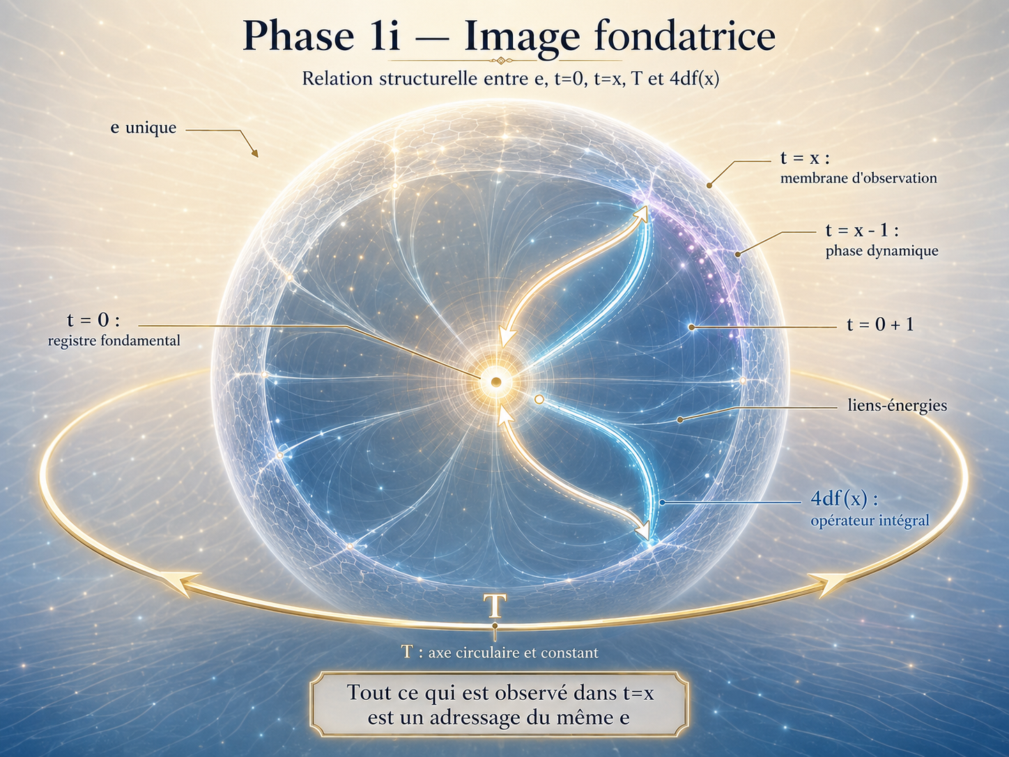 Image fondatrice : relation structurelle entre e, t=0, t=x, T et 4df(x)