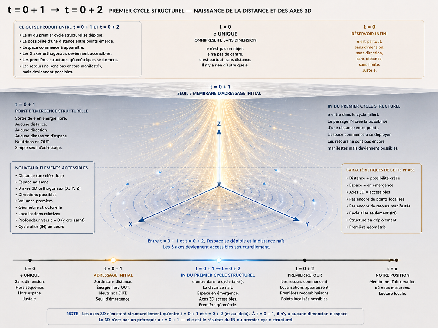 t=0+1 → t=0+2 : naissance de la distance et des axes 3D, vue didactique
