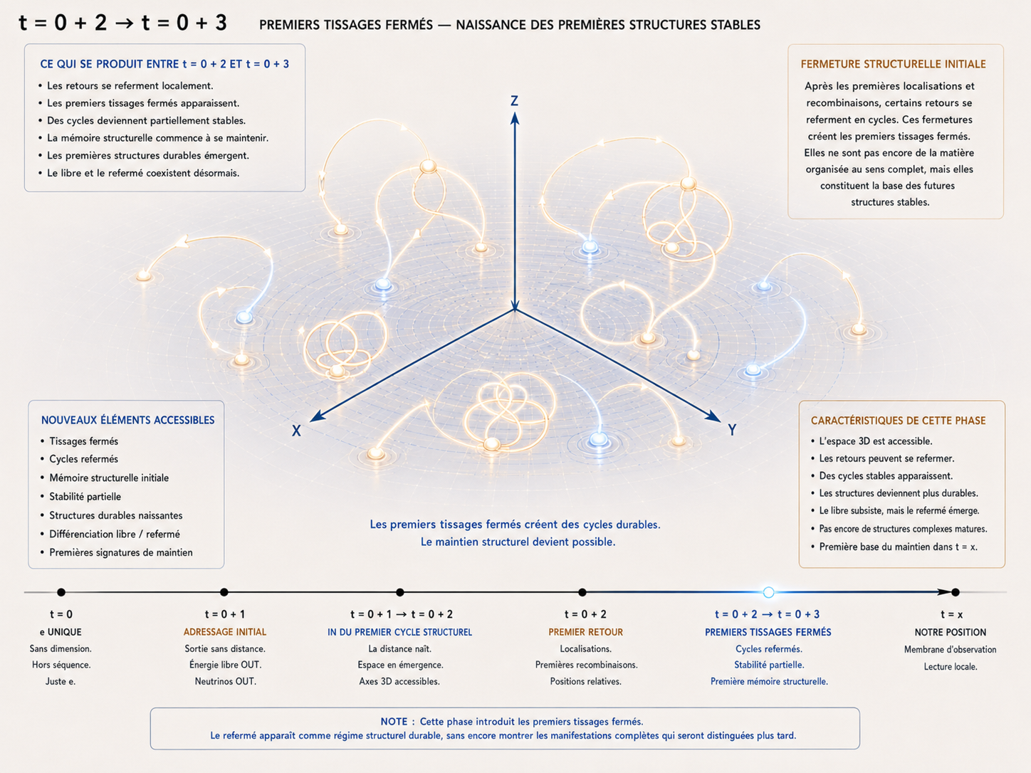 t=0+2 → t=0+3 : premiers tissages fermés, naissance des structures stables